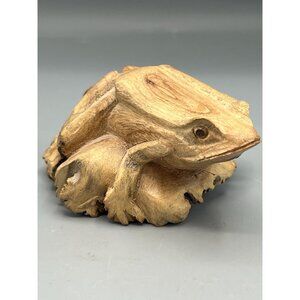 Vintage Hand Carved Burl Wood Tree Frog Sculpture Figure Wooden Life Size 4"